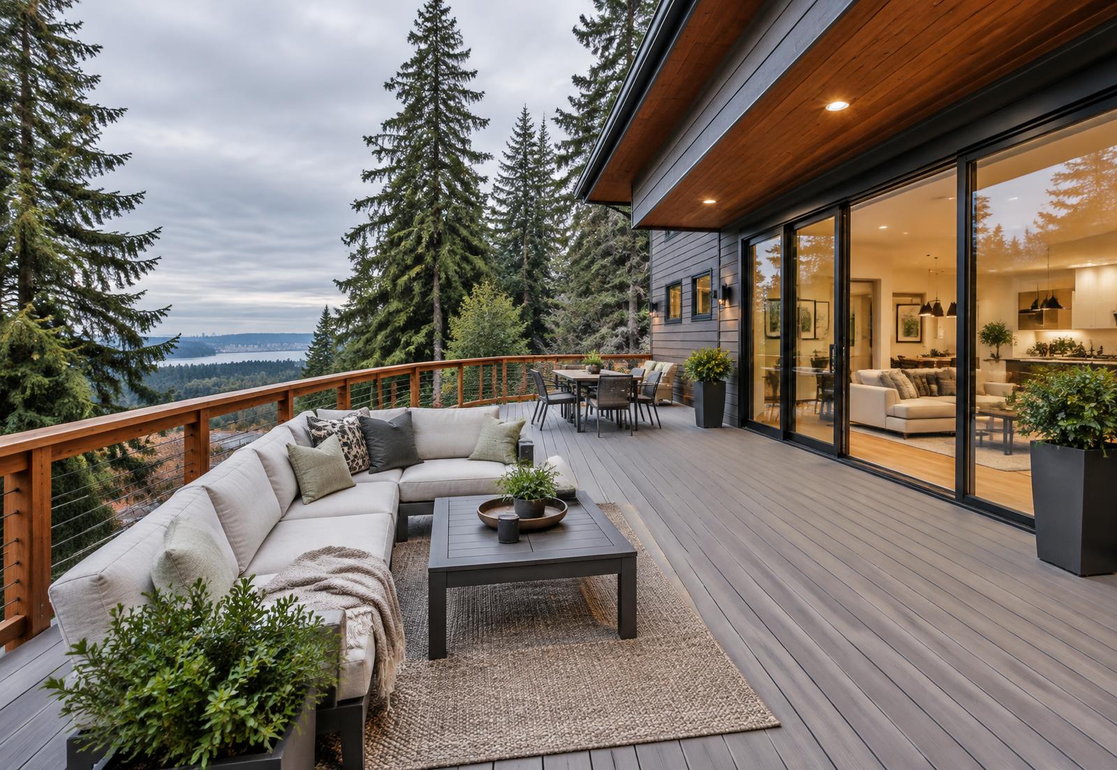 Modern composite deck on a Pacific Northwest home surrounded by evergreen trees